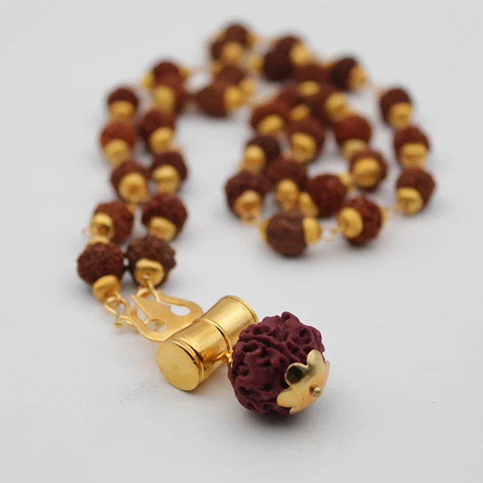Mahakal Tabiz Damru Trishul Locket With Rudraksha Golden Cap Mala for Men and Women (Buy 1 Get 1 FREE)