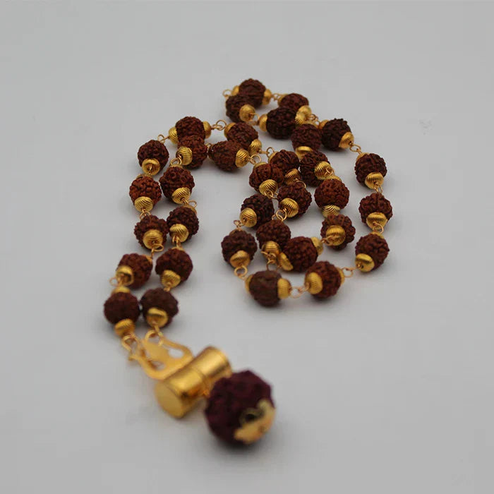 Mahakal Tabiz Damru Trishul Locket With Rudraksha Golden Cap Mala for Men and Women (Buy 1 Get 1 FREE)